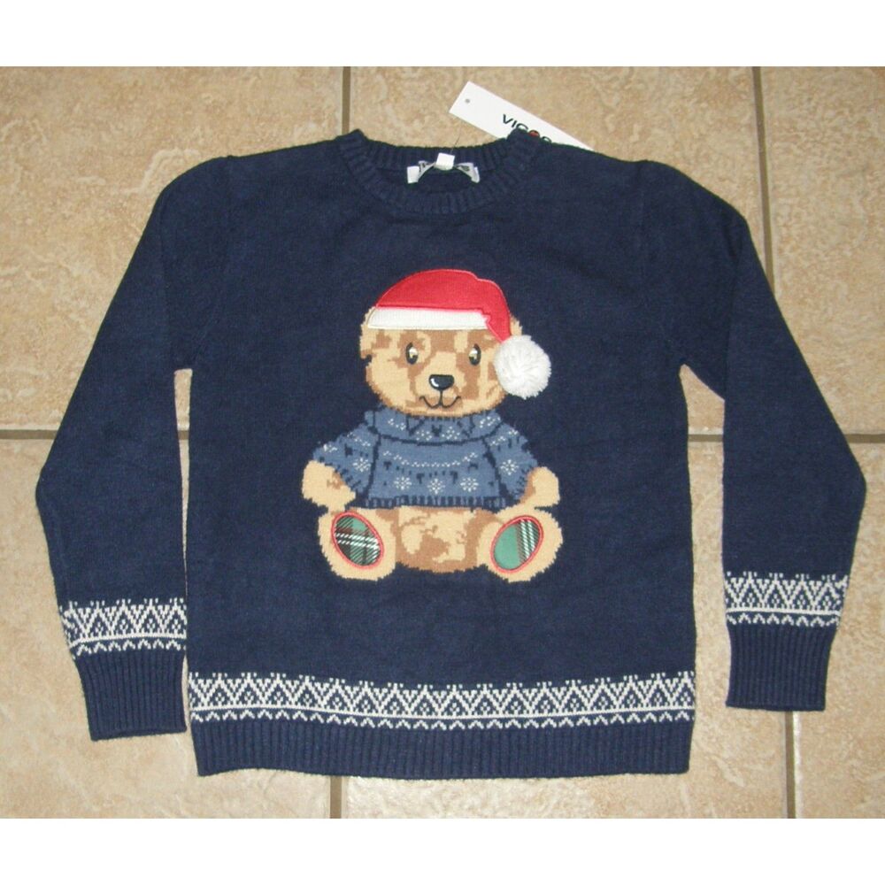NEW Boys Sz Medium (10/12) Christmas TEDDY BEAR Crew Neck Blue Sweater VIGOSS